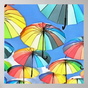 Schwimmender Regenschirm Himmel Whimsical Sonnensc Poster
