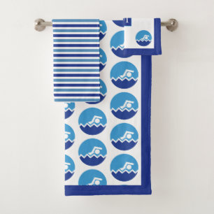 Schwimmer-Ikone, blaue Streifen und Monogramm-Schw Badhandtuch Set