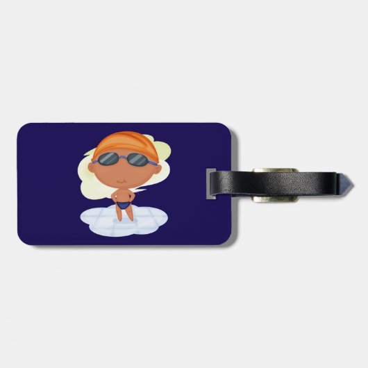 Schwimmer Junge in Glöckchen und Schwimmenkap Gepäckanhänger (Rückseite horizontal)