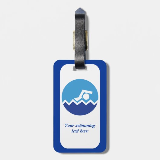 Schwimmgeschenke, Schwimmer auf einem blauen Kreis Gepäckanhänger (Rückseite vertikal)