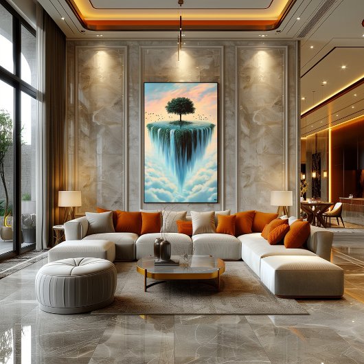 Schwimminsel mit Bäumen und Wasserfällen - Surreal Poster