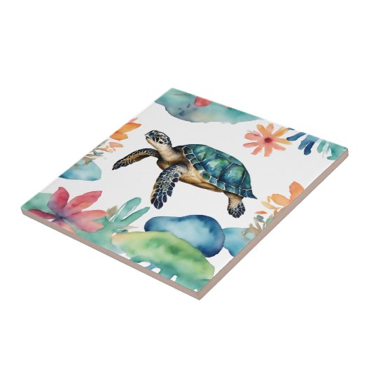 Schwimmsee Schildkröte Abstrakt Wasserfarbe Fliese (Seite)