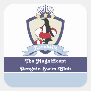 Schwimmverein-Wappen Süßer Cartoon-Pinguin Kinder  Quadratischer Aufkleber