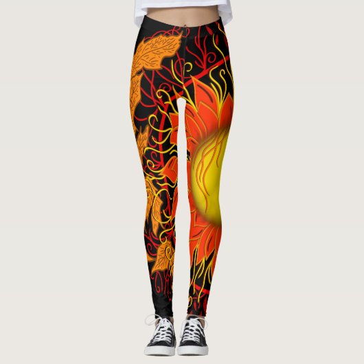 Schwindelsonne, Sonnenstrahlen Abstrakt Orange Mod Leggings (Vorderseite)