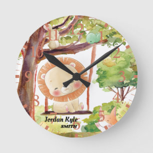 Schwingen Löwe, Fox, Sonne und Vögel Weiße Natur Runde Wanduhr
