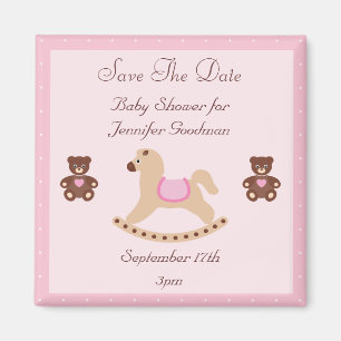 Schwingpferd u. Teddies-Save the Date Baby-Dusche Magnet