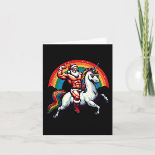 Schwuler Weihnachtsmann reitet auf Einhorn, zeigt  Karte