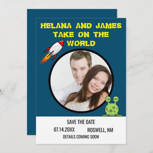 Sci Fi-Raketenschiff Save the Date (Vorne/Hinten)