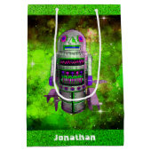 Sci fi Retro Spielzeugroboter grüne Galaxie indivi Mittlere Geschenktüte (Rückseite)