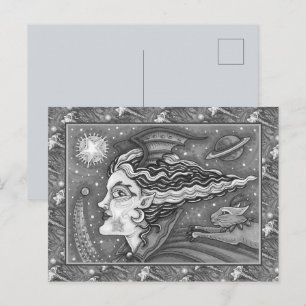 SCI FI SPACE WITCH & COMET CAT BLK/WHITE HALLOWEE FEIERTAGSPOSTKARTE