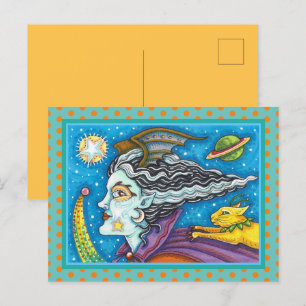 SCI FI SPACE WITCH & COMET CAT COLORFUL HALLOWEWEE FEIERTAGSPOSTKARTE