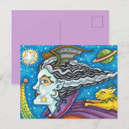 SCI FI SPACE WITCH & COMET CAT COLORFUL HALLOWEWEE FEIERTAGSPOSTKARTE
