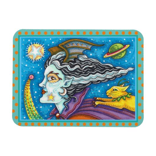 SCI FI SPACE WITCH & COMET CAT COLORFUL HALLOWEWEE MAGNET (Horizontal)