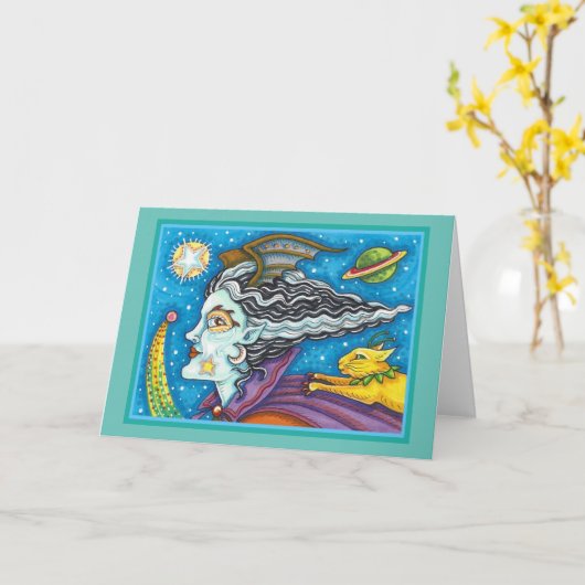 SCI FI SPACE WITCH & COMET CAT HALLOWEEN Leer Karte (Gelbe Blume)