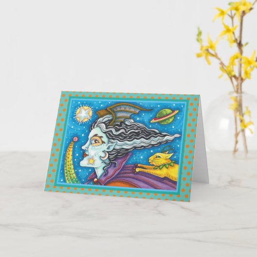 SCI FI SPACE WITCH & COMET CAT HALLOWEEN Leer Karte (Gelbe Blume)