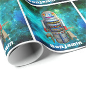 Sci-Fi Spielzeugroboter blauer Galaxie-Retro-indiv Geschenkpapier (Rolleneckpunkt)