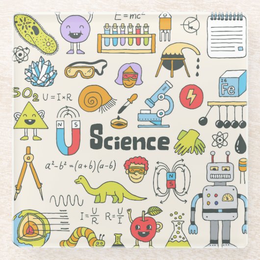 Science Doodles: HandGezeichnet Set in der Schule. Glasuntersetzer (Vorderseite)