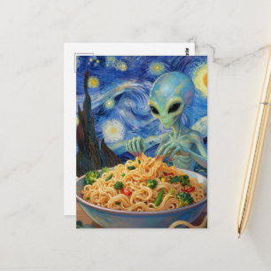 Science-Fiction Blaues Alien isst Nudeln Gemüse Va Postkarte