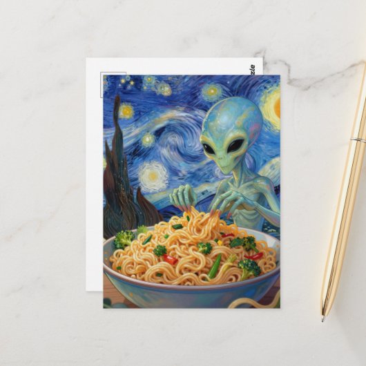Science-Fiction Blaues Alien isst Nudeln Gemüse Va Postkarte (Vorderseite/Rückseite Beispiel)