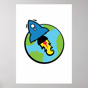 Science-Fiction-Cartoon Rakete und Planet Poster