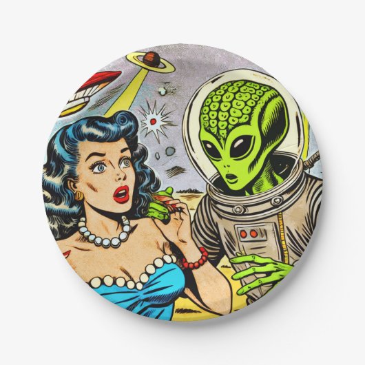 Science Fiction-Comicen für Retro-Alien Pappteller (Vorderseite)