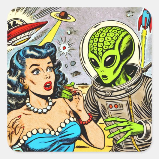 Science Fiction-Comicen für Retro-Alien Quadratischer Aufkleber (Vorderseite)