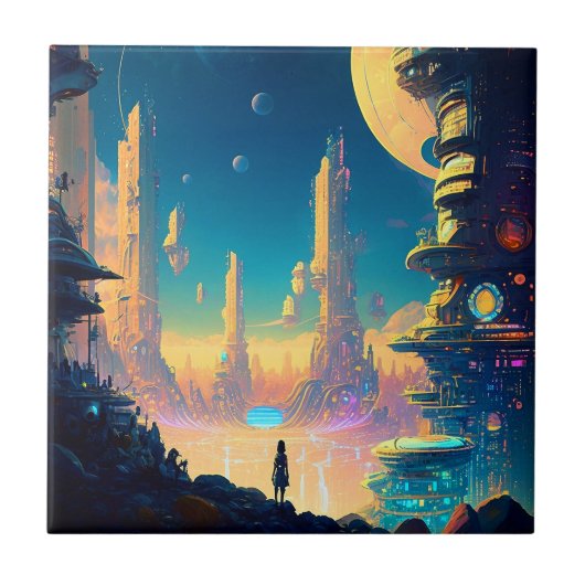 Science Fiction Futuristische Stadt Keramik Tile Fliese (Vorderseite)