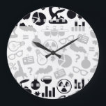 Science for Scientist Pattern (Black and White) Große Wanduhr<br><div class="desc">science, scientist, chemistry, nerd, laboratory, black and white, nerdy, pattern, for students, mad scientist, cartoon, graphic, simple, bold, solution, reaction, microscope, medical, biology, physics, dna, genes, cells, universe, theory, hypothesis, discovery, geek, lab, university, crazy scientist, sagan, question, mark, einstein, experiment, brain, school, univeristy, nerdy kids</div>