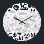 Science for Scientist Pattern (Black and White) Große Wanduhr<br><div class="desc">science, scientist, chemistry, nerd, laboratory, black and white, nerdy, pattern, for students, mad scientist, cartoon, graphic, simple, bold, solution, reaction, microscope, medical, biology, physics, dna, genes, cells, universe, theory, hypothesis, discovery, geek, lab, university, crazy scientist, sagan, question, mark, einstein, experiment, brain, school, univeristy, nerdy kids</div>