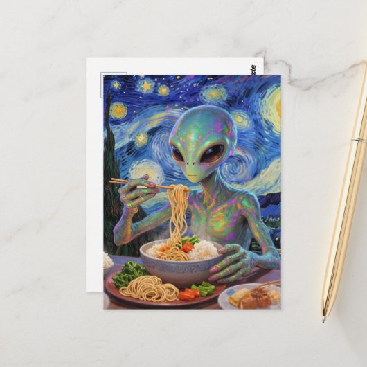 Scifi Blaues Alien isst Nudeln und Gemüse Postkarte (Vorderseite/Rückseite Beispiel)