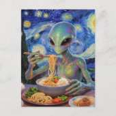 Scifi Blaues Alien isst Nudeln und Gemüse Postkarte (Vorderseite)