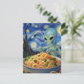 Scifi Blue Alien Eating Noodles Veggies Van Gogh Postkarte (Stehend Vorderseite)