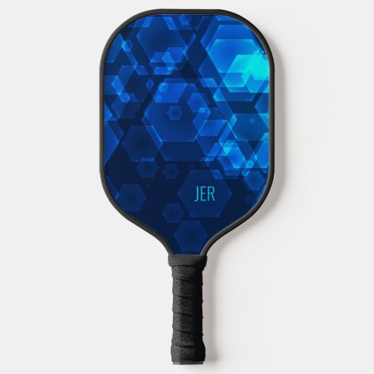 Scifi Cool Hexagon Abstrakt Mit Monogramm Blue Tec Pickleball Schläger (Vorderseite)