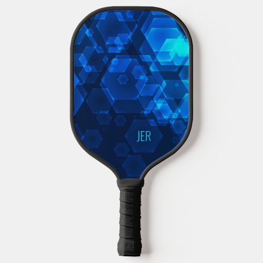 Scifi Cool Hexagon Abstrakt Mit Monogramm Blue Tec Pickleball Schläger (Rückseite)
