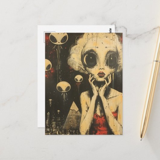 Scifi Fantasy Außerirdischen und Frauen im Roten K Postkarte (Vorderseite/Rückseite Beispiel)