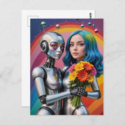 SciFi Frauenroboter in Liebe Postkarte (Vorne/Hinten)