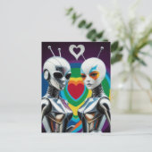 SciFi weibliche Roboter in Liebe Rainbow Heart Postkarte (Stehend Vorderseite)