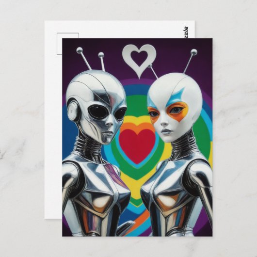 SciFi weibliche Roboter in Liebe Rainbow Heart Postkarte (Vorne/Hinten)