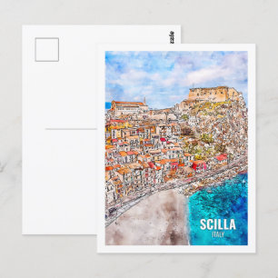 Scilla Italien Berühmter Reiseort Wasserfarben-Ski Postkarte