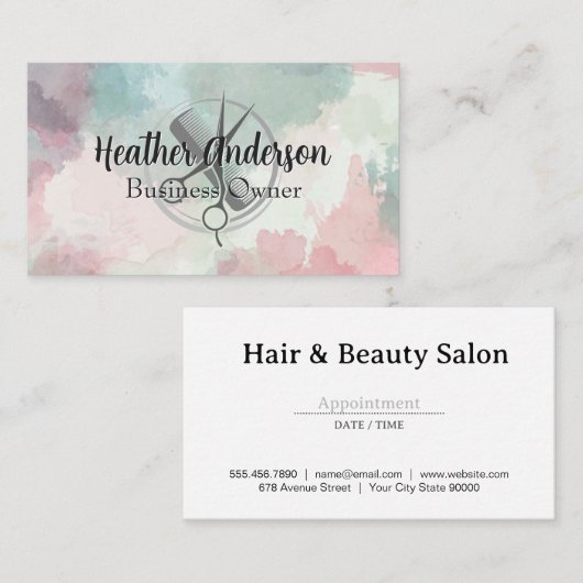 Scissors Comb Logo | Watercolor Background Terminkarte (Vorne/Hinten)