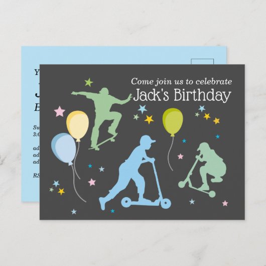 Scooter, Bikes, Skateboards, fahren weiter Einladungspostkarte (Vorne/Hinten)