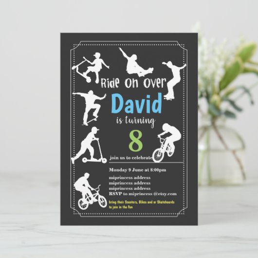 Scooter, Bikes und oder Skateboards, fahren weiter Einladung (Stehend Vorderseite)