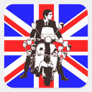 Scooter Rider mit Union Jack-Aufklebern Quadratischer Aufkleber