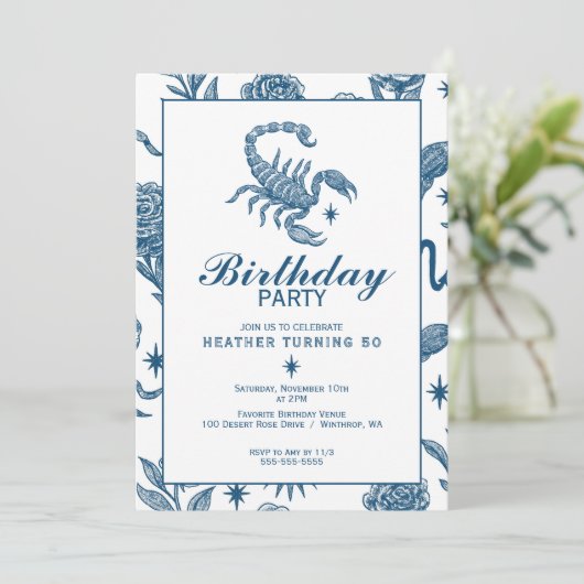 Scorpio Birthday Elegant Toile Scorpions Celestial Einladung (Stehend Vorderseite)
