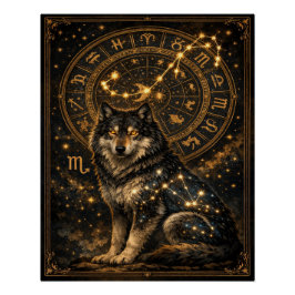 Scorpio Wolf Zodiac Wheel Constellation Celestial  Poster