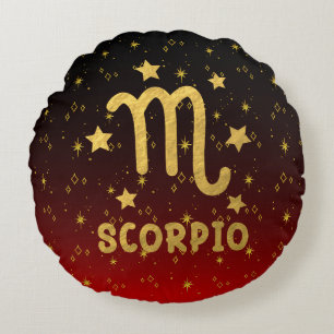 Scorpio Zodiac Red and Gold Round Pillow Rundes Kissen