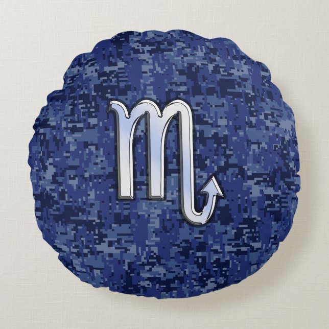 Scorpio Zodiac Sign auf Navy Blue Camouflage Dekor Rundes Kissen (Vorderseite)