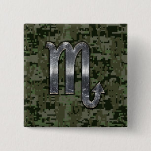Scorpio Zodiac Symbol Woodland Digitale Camouflage Button