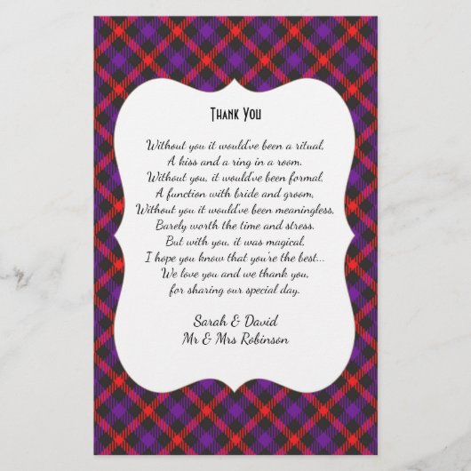 Scotch Clan Tartan Wedding Gedicht Danke Scroll (Vorderseite)