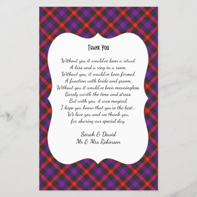 Scotch Clan Tartan Wedding Gedicht Danke Scroll (Vorderseite)